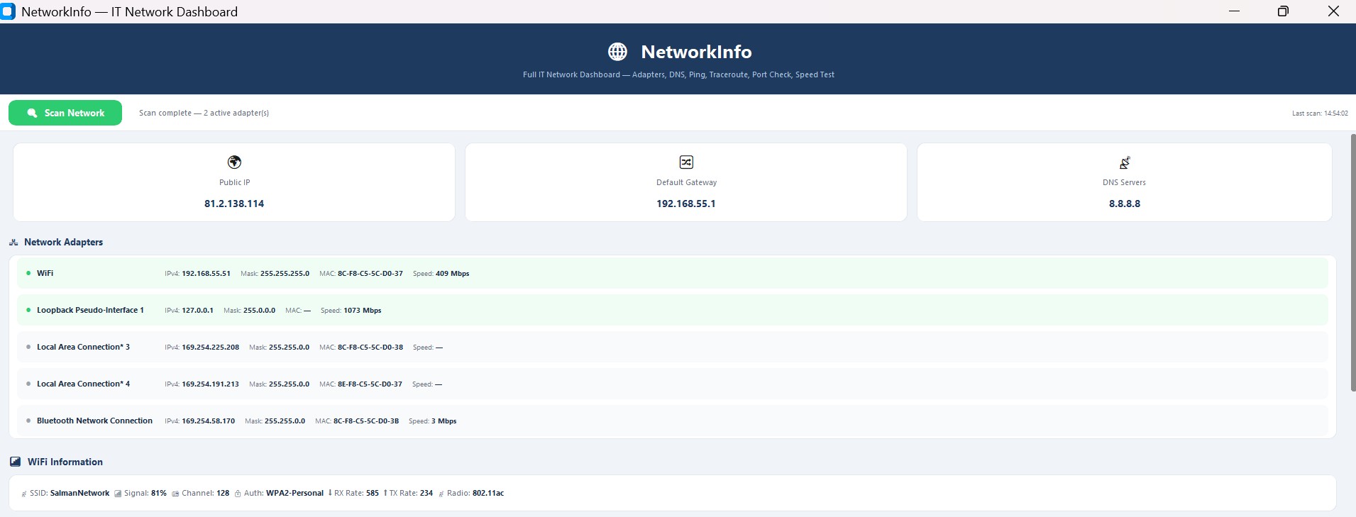 NetworkInfo dashboard